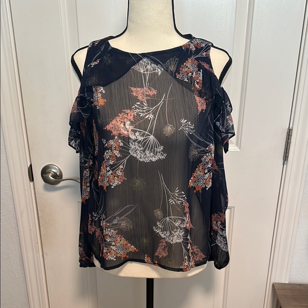 London Times Asymmetrical Ruffled Sleeveless Blouse in Blue